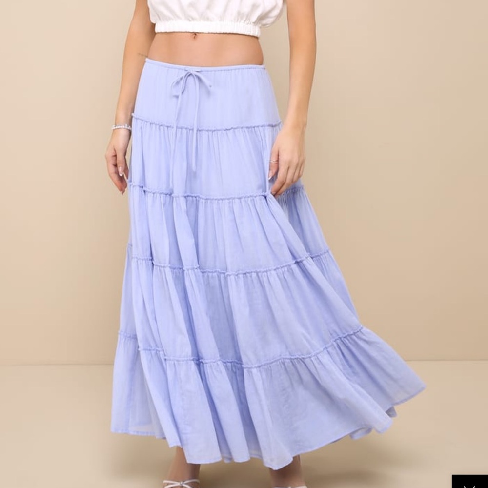 Lulus Relaxed Charm Periwinkle Gauzy Tiered Drawstring Maxi Skirt (S)